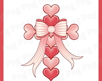 Pink Heart Cross Bow PNG | Coquette Aesthetic Cross Clipart | Christian Sublimation Design | Feminine Religious Digital Art Christian Cross