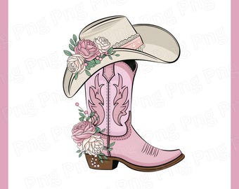 Cowgirl Boot & Hat Png Floral Cowgirl Boot Png Retro Rodeo Party Design Png Pink Cowgirl Sublimation Western Cowgirl Png Feminine Cowboy Art