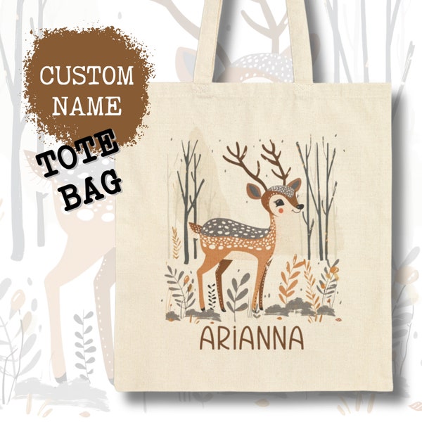 Deer Personalized Name Cotton Canvas Tote Bag Custom Name Tote Bag Shopping Kids School Teacher Library Tote Bag Woodland Animal Tote Bag