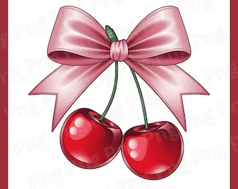 Laço de Cereja Png Cerejas Png Frutas Png Retro Cereja com Laço Rosa Sublimação Laço Coquete Png Vintage Estética Sublimação Trendy Feminino Png