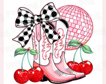 Pink Cowgirl Png Disco Cherry Png Cherry Disco Ball Png Trendy Checkered Bow Png Girly PNG Fruit Disco Png Cowgirl Boot Png Western Png