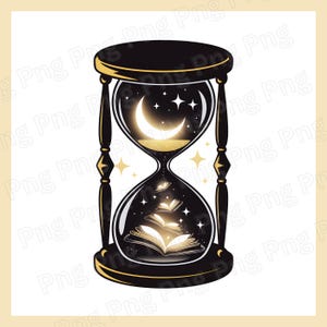 May include: A black hourglass with gold accents filled with a dark blue liquid and a crescent moon and stars in the top bulb. The bottom bulb is filled with a stack of open books with glowing pages.