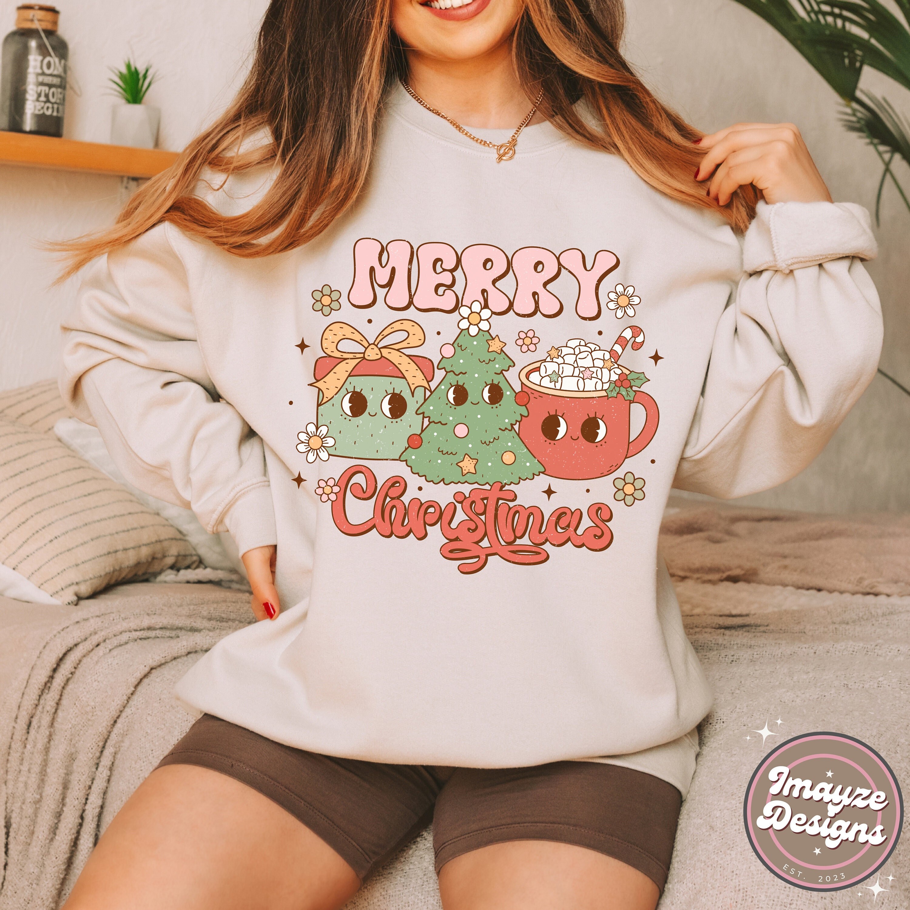 Merry Christmas Jumper Festive Groovy Sweater Funky Holiday Jumper Cute Winter Characters Cartoon Retro Style Womens Ladies Gift for Her Etsy