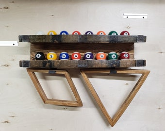 Bourbon Barrel Stave Pool Ball Shelf with Metal Hooks