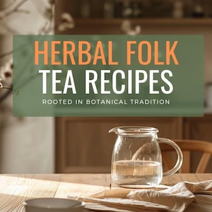 May include: A wooden table setting featuring a glass teapot with water, a white teacup and saucer, and a linen napkin. The image includes text that reads "HERBAL FOLK TEA RECIPES" and "ROOTED IN BOTANICAL TRADITION". The logo "FLOR + FABLE" is also visible.