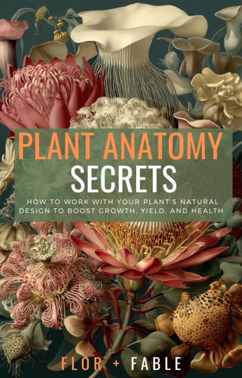 May include: A botanical illustration featuring a variety of flowers and fungi in shades of pink, red, and cream against a dark green background. The text "PLANT ANATOMY SECRETS" is displayed in orange and white, with additional text below.