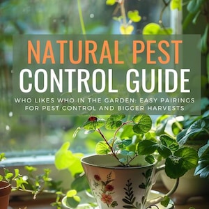 Może przedstawiać: Przewodnik po naturalnej ochronie roślin przed szkodnikami w ogrodzie, z zbliżeniem na małą roślinę w filiżance do herbaty z biedronką na liściu. Tekst brzmi "NATURAL PEST CONTROL GUIDE WHO LIKES WHO IN THE GARDEN: EASY PAIRINGS FOR PEST CONTROL AND BIGGER HARVESTS FLOR + FABLE".