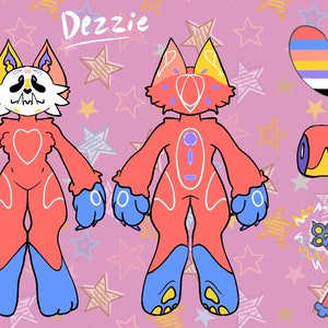 Könnte beinhalten: Illustration eines Zeichentrickcharakters namens Dezzzie, in zwei Posen, mit herzförmiger Brust und blauen Pfoten. Der Charakter ist hauptsächlich rot mit weißen und blauen Akzenten. Eine herzförmige Pride-Flagge und andere Charakterelemente sind ebenfalls abgebildet.
