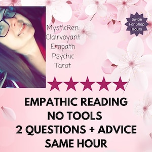 Può includere: Grafica rosa con testo "MysticRen: Chiaroveggente, Empatico, Psichico, Tarocchi". Sotto, cinque stelle viola. È presente anche il testo "Empathic Reading, No Tools, 2 Questions + Advice, Same Hour".