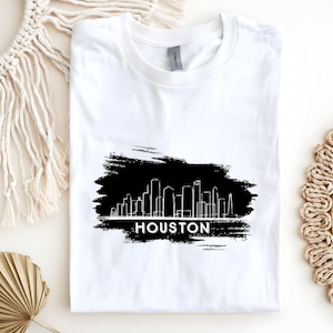 Houston Skyline T-Shirt - Minimalistisches schwarzes Pinsel Stadtbild T-Shirt, Unisex Texas Pride Shirt