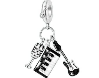 Sterling Silver Music Band Charm: Guitar, Piano, Microphone