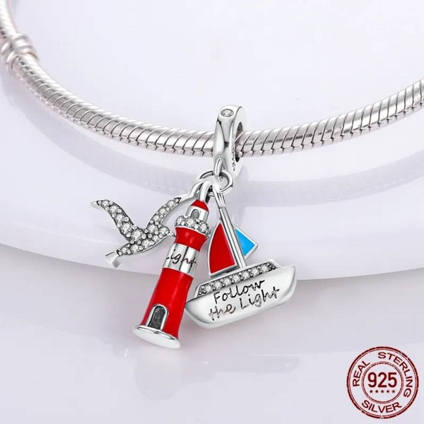 lighthouse fit for Pandora Bracelet 925 sterling silver with boat and seabird