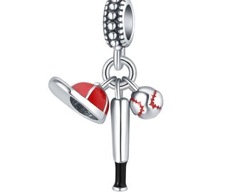 Ciondolo con bastone da baseball adatto per bracciale Pandora in argento sterling 925, ciondolo sportivo