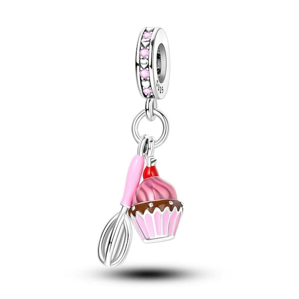 Breloque cup cake adaptée au bracelet Pandora en argent sterling 925,