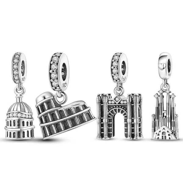 Bâtiment emblématique du monde entier, adapté au bracelet Pandora, breloque de bâtiment célèbre, argent sterling 925 véritable