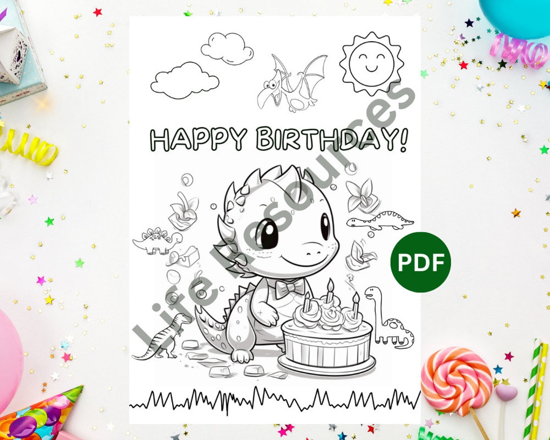 Dinosaur Happy Birthday Coloring Page for Kids Parties - Etsy