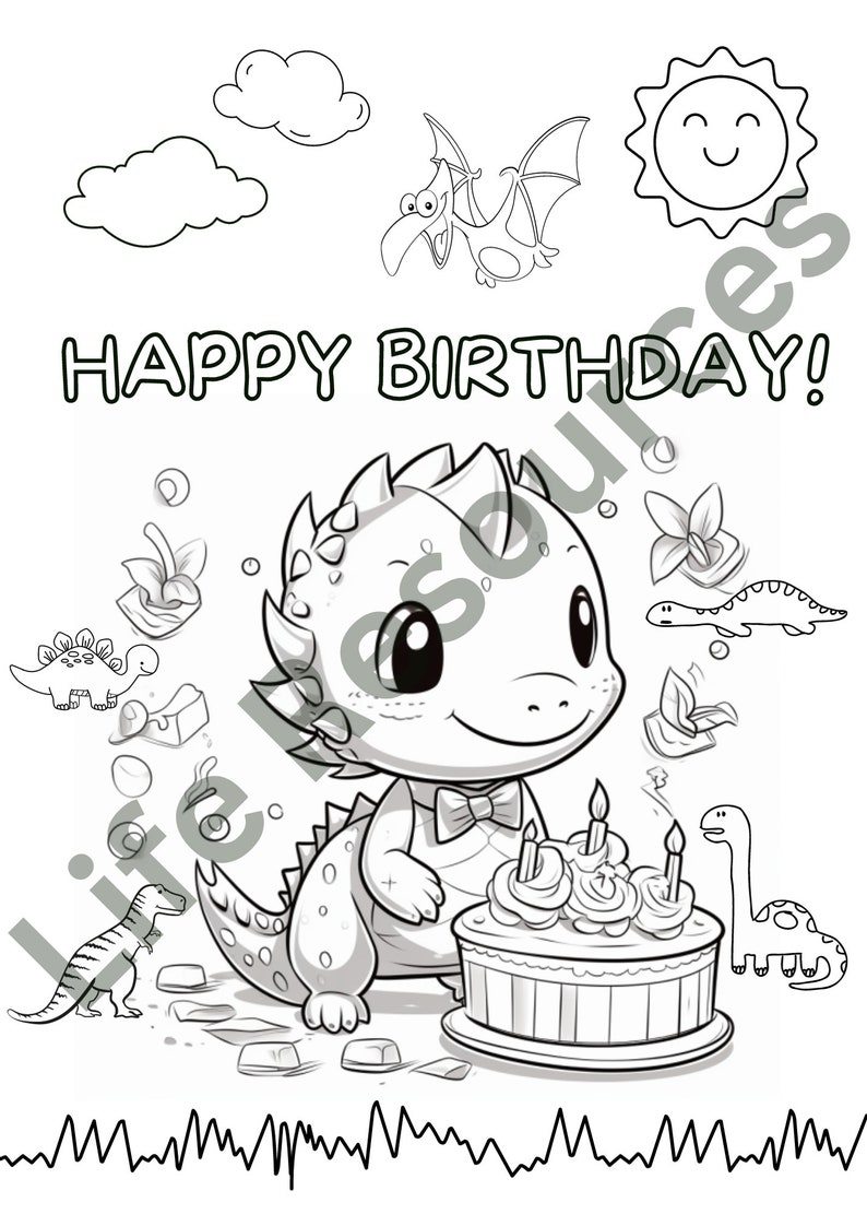 Dinosaur Happy Birthday Coloring Page for Kids Parties - Etsy