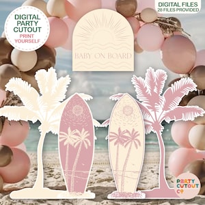 BIG CUTOUTS Baby Shower Girl Boho Baby Shower Party Decor Surfboard Cutout Life Size Cutouts Beach Theme Pink Baby on Board Baby Shower Palm