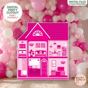 May include: A pink and white party decoration featuring a house cutout with interior details. The house is surrounded by a balloon arch in shades of pink and white. Text on the image reads "DIGITAL PARTY CUTOUT PRINT YOURSELF" and "DIGITAL FILES 4 FILES PROVIDED".