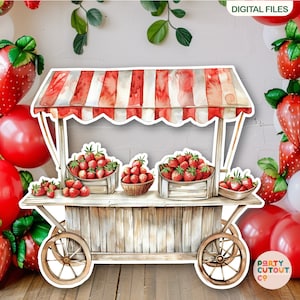 BIG CUTOUT Strawberry Party Strawberry Timber Cart Fruit Birthday Party Decor Strawberry Sellers Cart Cutout Life Size Cutout DIGITAL