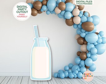 May include: A printable milk bottle cutout for a party. The bottle is blue and white and has a straw. The background is a blue and brown balloon garland. The text "Digital Party Cutout" and "Print Yourself" is on the image.