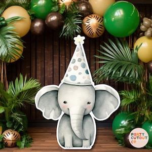 Elefante recortado grande con sombrero de fiesta, decoraciones de elefante, accesorio temático de Safari, recortes de elefante, accesorios de pie, recorte de tamaño real de circo