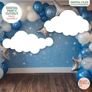 May include: A blue and white balloon arch with silver stars and two white cloud cutouts. The text "DIGITAL PARTY CUT OUT PRINT YOURSELF" is on a green circle in the upper left corner. The text "DIGITAL FILES 6 FILES PROVIDED" is in the upper right corner.