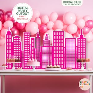 BIG CUTOUT Girl Super Hero Party Super Hero Buildings Super Hero Party Ideas Cutout Superhero Party Decor Pink Cityscape Buildings Cutout