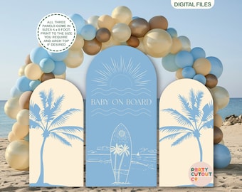 May include: Three blue and beige arch panels with a palm tree and surfboard design. The center panel says "Baby on Board" in white text. The panels are 4 feet by 8 feet and can be printed to the size you require. You can also add an arch top if desired.