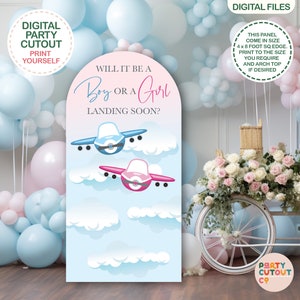 Könnte beinhalten: Ein druckbarer Party-Ausschnitt zur Geschlechterenthüllung mit einem blauen und rosa Flugzeug, das durch Wolken fliegt, mit dem Text "Will it be a Boy or a Girl? Landing Soon?" Der Ausschnitt ist für den Druck auf einem 4x8 Fuß großen Blatt Papier konzipiert.