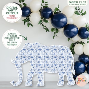 BIG CUTOUT Blue Chinoiserie Toile de Jouy Elephant Blue Toile Safari Animals Elephant Cutout Prop Baby Shower Decor Elephant Toile Party
