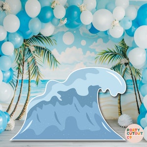 May include: A blue and white wave cutout for a party backdrop. The wave is a light blue color with a white foamy crest. The wave is in front of a backdrop with palm trees and a blue sky.