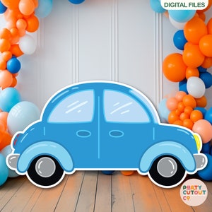 GRAN CUTOUT Coche azul Fiesta del coche Decoración de la fiesta de cumpleaños del automóvil Decoración de la fiesta del coche Recorte del coche Foto Prop Tamaño real Recorte Standee