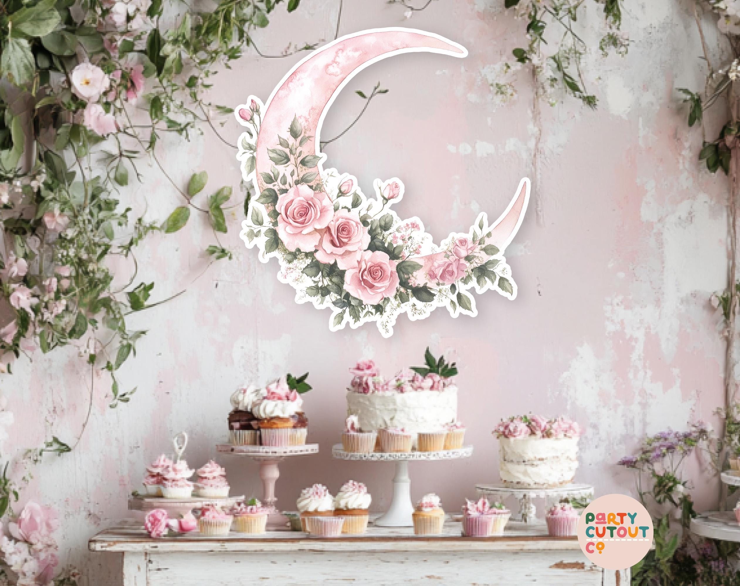 BIG CUTOUT Pink Moon Cutout Pink Flower Moon Decor Pink Baby Shower ...