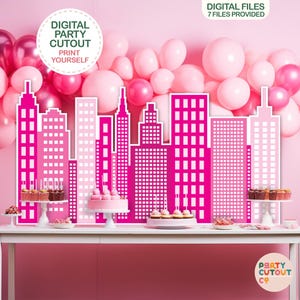 BIG CUTOUT Girl Super Hero Party Super Hero Buildings Super Hero Party Ideas Cutout Superhero Party Decor Pink Cityscape Buildings Cutout