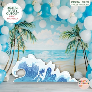 May include: A digital party cutout of a blue wave crashing against a beach backdrop. The wave is a printable party decoration. The background features palm trees and a blue sky with white clouds. The text "Digital Party Cutout Print Yourself" is in a circle at the top left of the image.