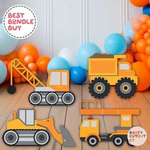 Camión de construcción de tamaño real recortable para fiesta de cumpleaños de niño, decoración de fiesta de cumpleaños de niño, camión de construcción de tamaño real, recorte de construcción amarillo