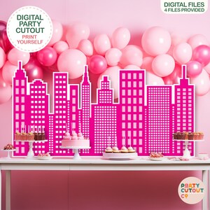 BIG CUTOUT Girl Super Hero Party Super Hero Buildings Super Hero Party Ideas Cutout Superhero Party Decor Pink Cityscape Buildings Cutout