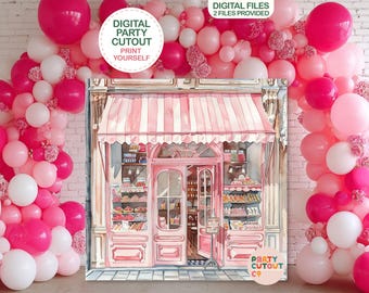 May include: A pink and white striped awning tops a watercolor illustration of a bakery with a pink facade. The image is surrounded by a balloon arch in shades of pink and white. Text on the image reads "DIGITAL PARTY CUTOUT" and "PRINT YOURSELF".
