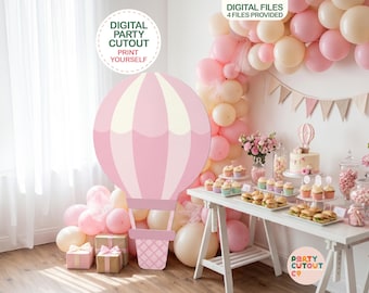 May include: A large pink and white hot air balloon cutout dominates the scene, with the text "DIGITAL PARTY CUTOUT PRINT YOURSELF". The party setting features a table laden with cupcakes, sandwiches, and a cake, all in pink and white. Balloons and gifts add to the celebratory atmosphere.