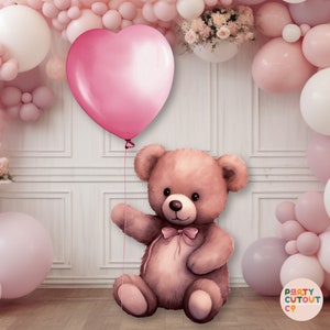 BIG CUTOUT Baby Bear with Pink Heart Balloon Decoration Bear Props Pink Baby Shower Ideas Bear Stand Up Prop Bear Party Decor Life Size