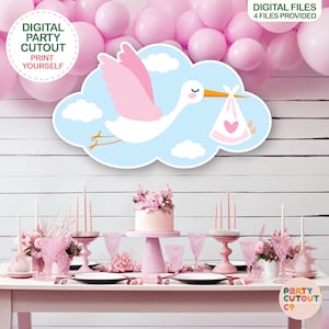 BIG CUTOUT Pink Stork Baby Shower Decoration Stork Pink Sign Prop Girl Baby Shower Stork with Baby Pink Shower Props Girl Baby Shower Sign