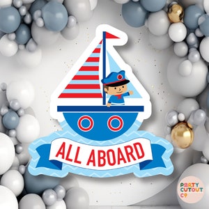 GROTE UITSPARING Zeilboot met jongen Boot Prop Stand Up Knipsel Jongens Verjaardagsfeestje Partij Teken Boot Teken Alles aan boord Levensgrote knipsel