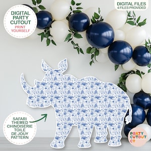 BIG CUTOUT Blue Chinoiserie Toile de Jouy Rhino Blue Toile Safari Animals Rhino Cutout Prop Baby Shower Decor Rhino Toile Party Prop Floral