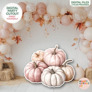 May include: Digital printable party cutouts of five pink and white pumpkins with fall leaves and a balloon arch in the background. The text "Digital Party Cutout Print Yourself" is on the image.