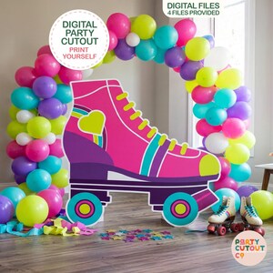 May include: A large pink and purple roller skate cutout with a yellow heart graphic, surrounded by a colorful balloon arch. Text on the image reads DIGITAL PARTY CUTOUT PRINT YOURSELF and DIGITAL FILES 4 FILES PROVIDED. Two physical roller skates sit nearby.