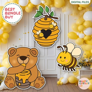 BIG CUTOUT Bee Party Buzzy Bee Props Bee Hive Bear with Honey Pot Yellow Bee Cutout Props Birthday Party Life Size Cutout Standee