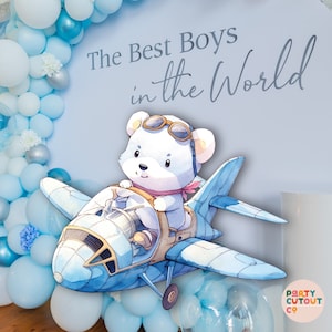 BIG CUTOUT Plane Party White Bear Flying Blue Plane Decoration Aircraft Props Standee Cutout Props Boys Birthday Party Plane Party Ideas