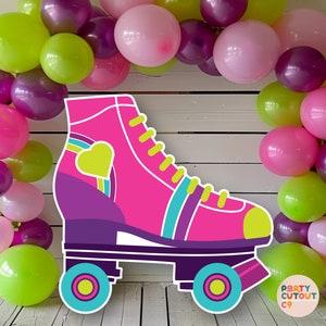 May include: A large pink and purple roller skate cutout with a heart design. The skate has yellow wheels and is surrounded by a garland of pink, purple, and green balloons.