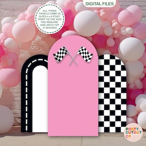 BIG BACKDROP Pink Racing Wall Prop Racing Car Backboard Race Track Photo Backdrop Arch Board Black and White Checkers Prop Racing Backdrop
